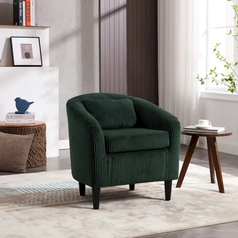 Sillón decorativo barril de pana con patas de madera y almohada