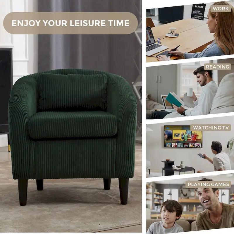 Sillón decorativo barril de pana con patas de madera y almohada
