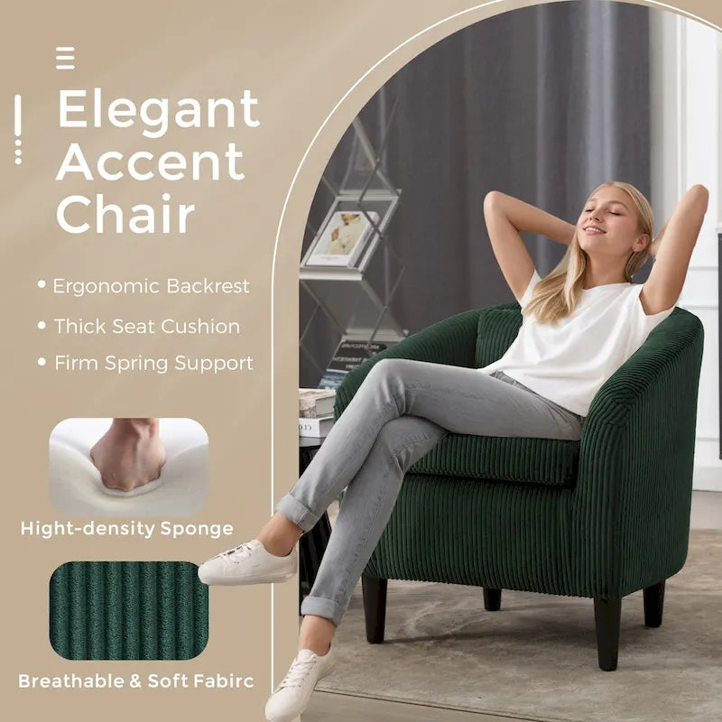 Sillón decorativo barril de pana con patas de madera y almohada