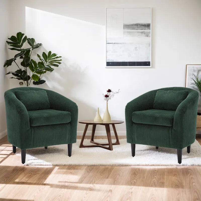 Sillón decorativo barril de pana con patas de madera y almohada
