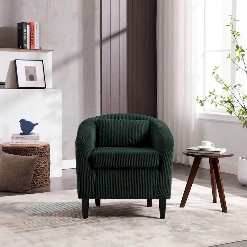 Sillón decorativo barril de pana con patas de madera y almohada