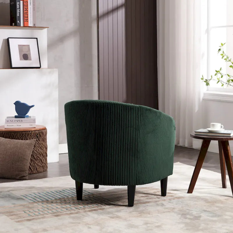 Sillón decorativo barril de pana con patas de madera y almohada