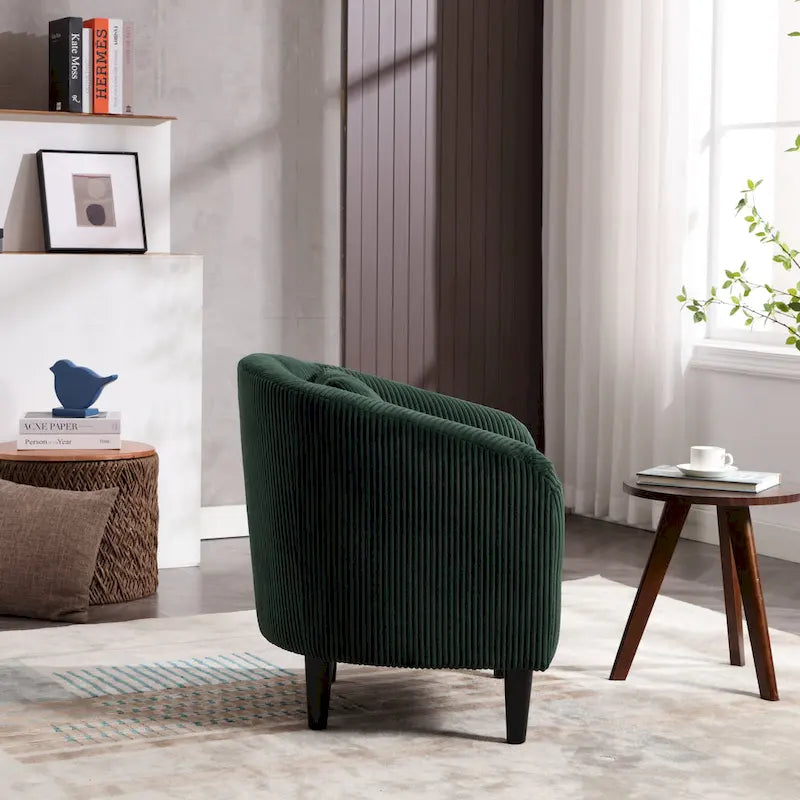 Sillón decorativo barril de pana con patas de madera y almohada