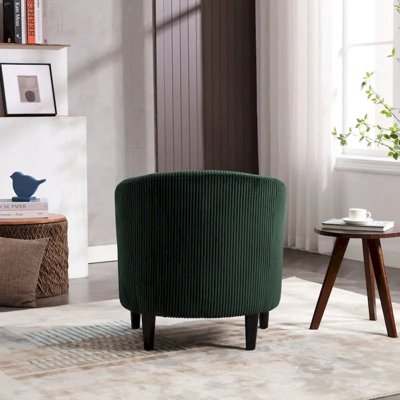 Sillón decorativo barril de pana con patas de madera y almohada