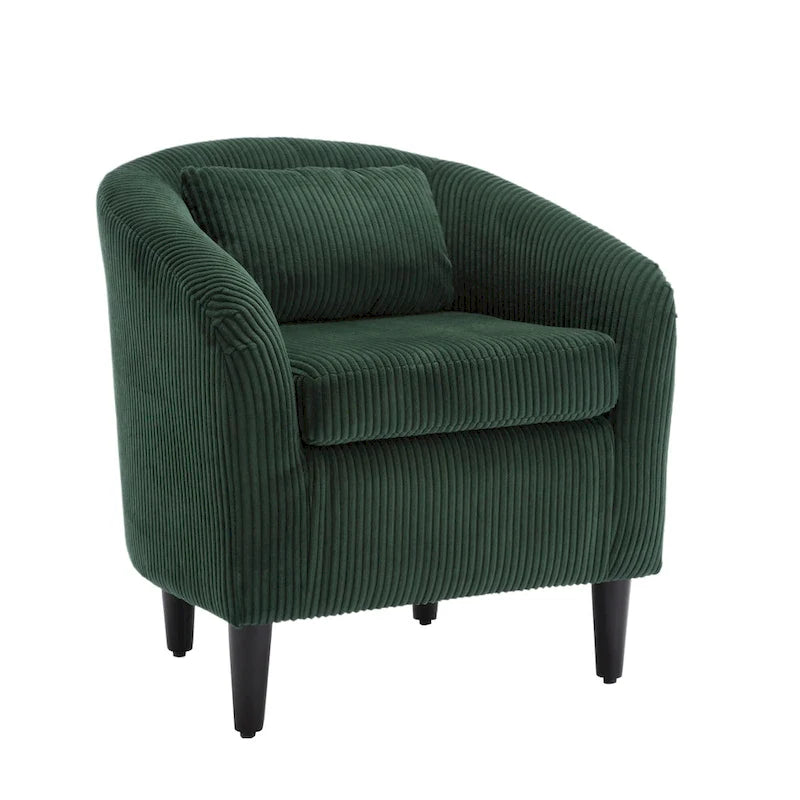 Sillón decorativo barril de pana con patas de madera y almohada