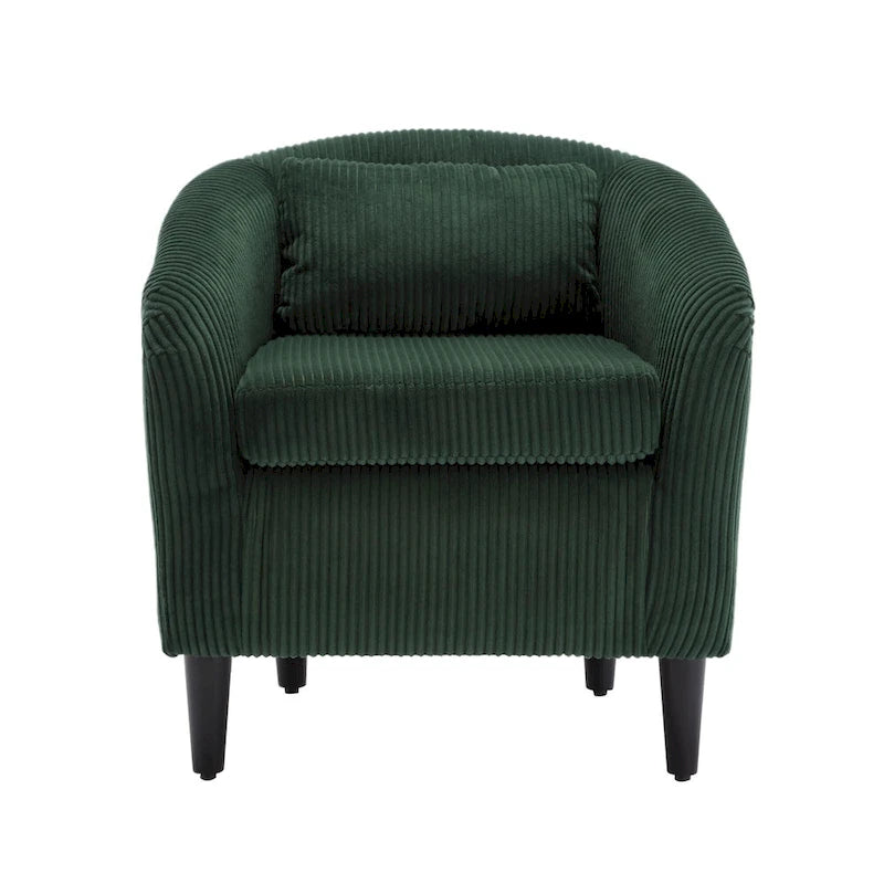 Sillón decorativo barril de pana con patas de madera y almohada