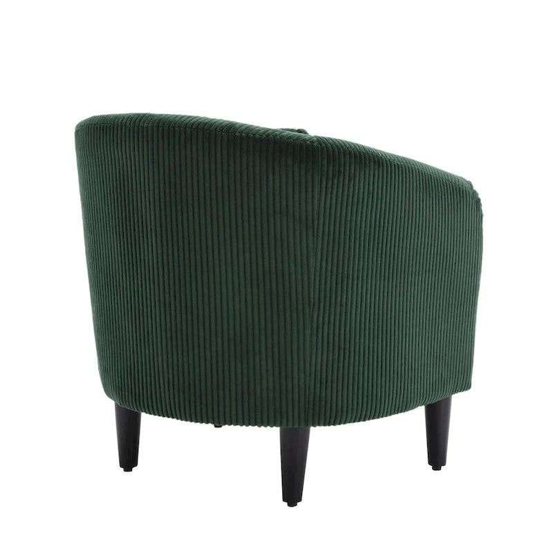 Sillón decorativo barril de pana con patas de madera y almohada
