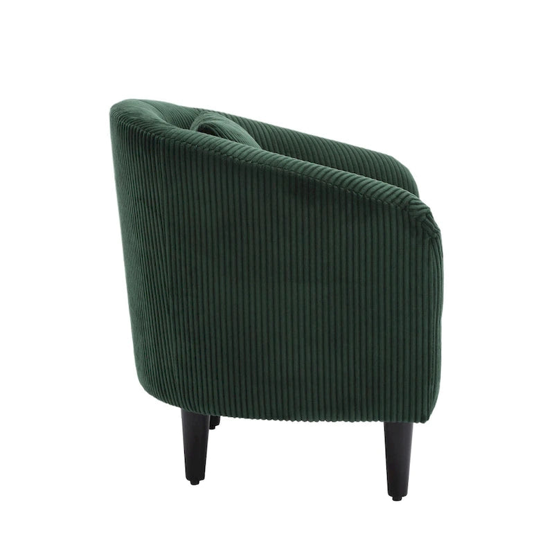 Sillón decorativo barril de pana con patas de madera y almohada