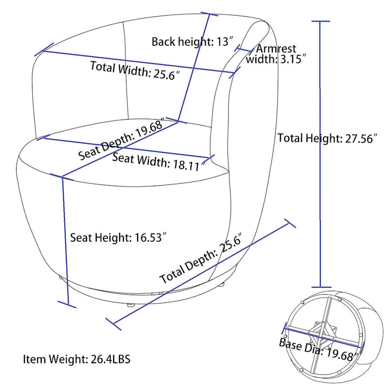 Sillón barril giratorio de 360° tapizado en chenilla con base de aro metálico