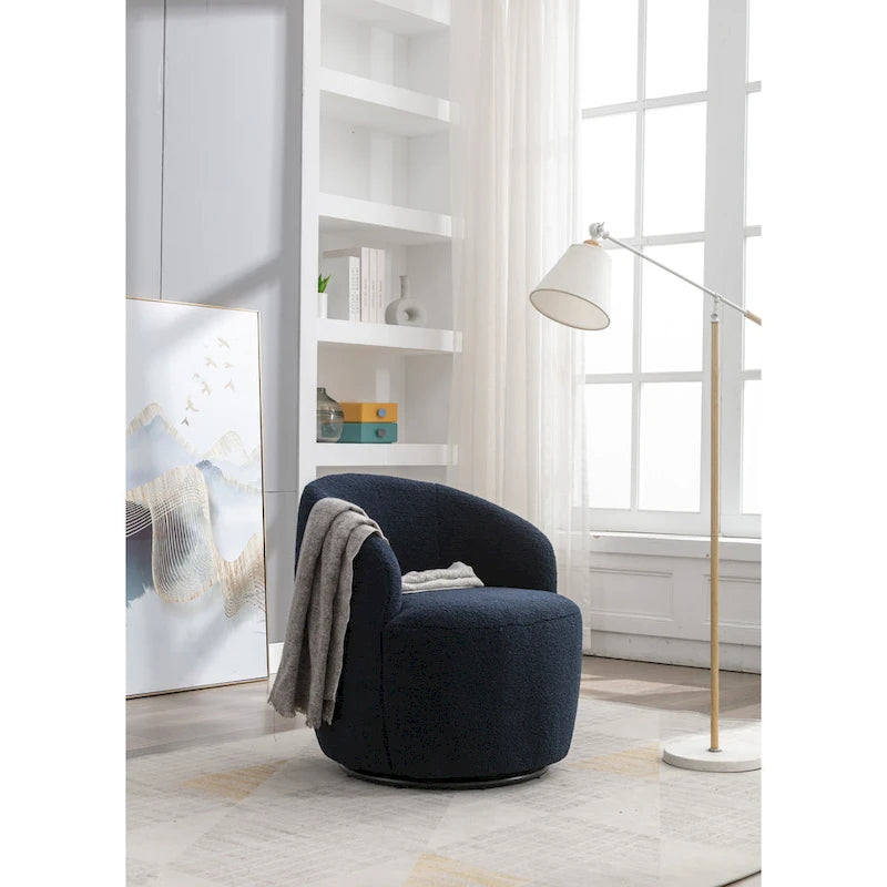 Sillón barril giratorio de 360° tapizado en chenilla con base de aro metálico