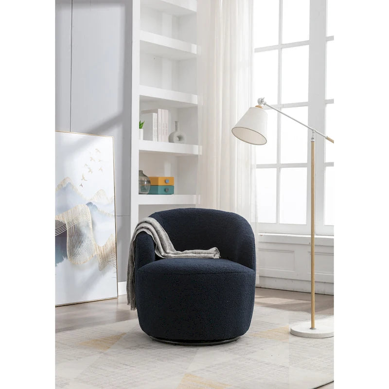 Sillón barril giratorio de 360° tapizado en chenilla con base de aro metálico