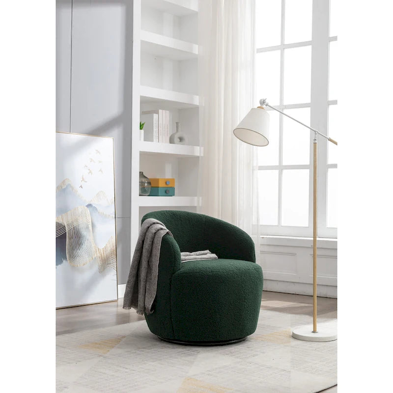 Sillón barril giratorio de 360° tapizado en chenilla con base de aro metálico