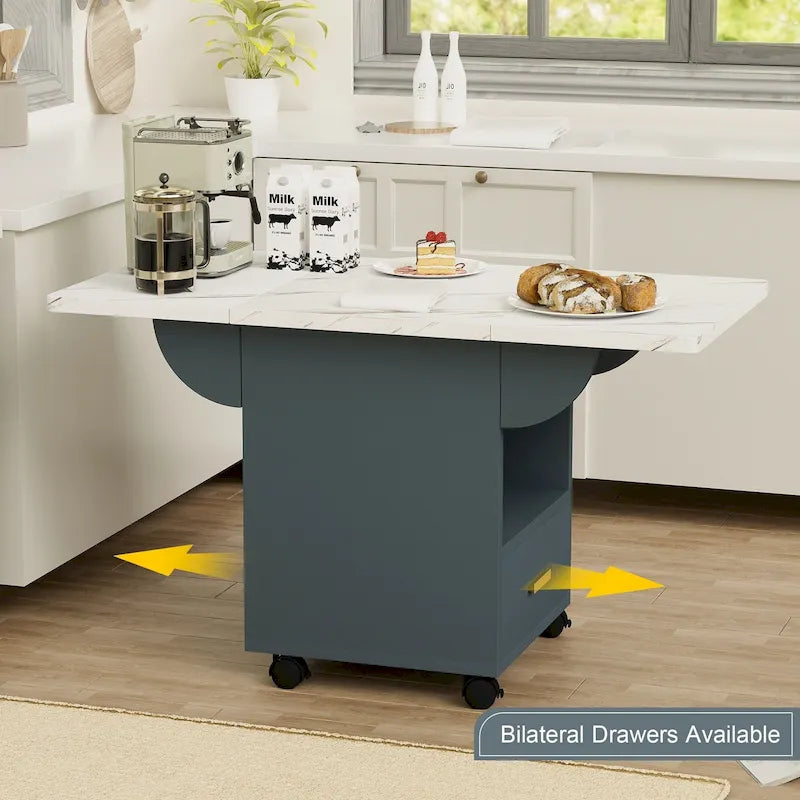 Foldable Dining Table with Marble-Look Top, Drawer & Wheels