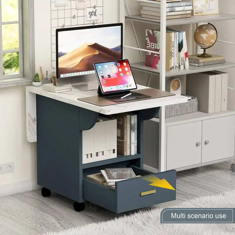 Foldable Dining Table with Marble-Look Top, Drawer & Wheels