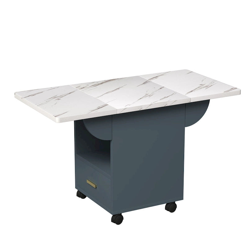 Foldable Dining Table with Marble-Look Top, Drawer & Wheels
