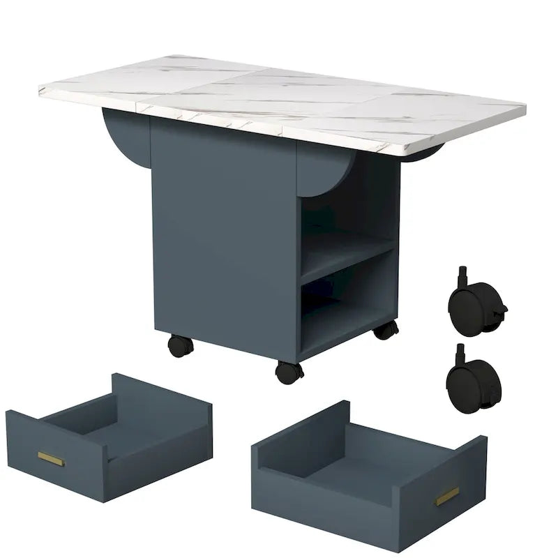 Foldable Dining Table with Marble-Look Top, Drawer & Wheels