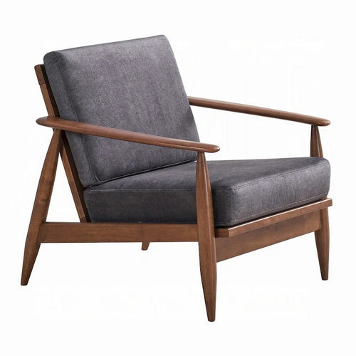 Sillón club de tela gris carbón con estructura de madera marrón