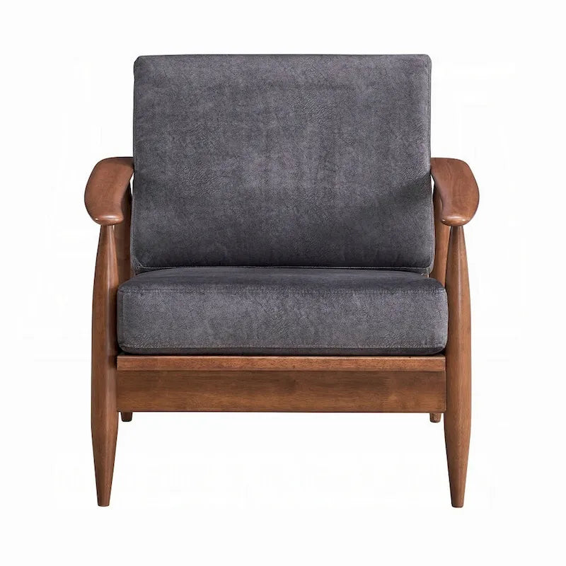 Fauteuil club en tissu gris charbon avec structure en bois marron