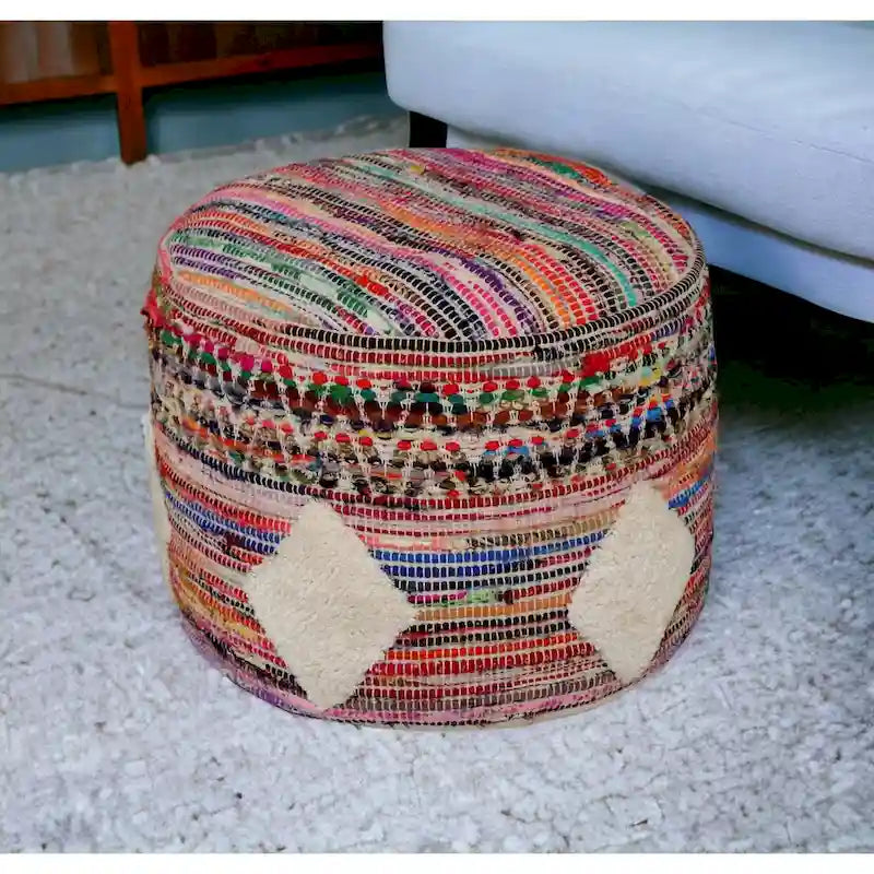 Pouf ottoman rond à motifs géométriques - multicolore arc-en-ciel