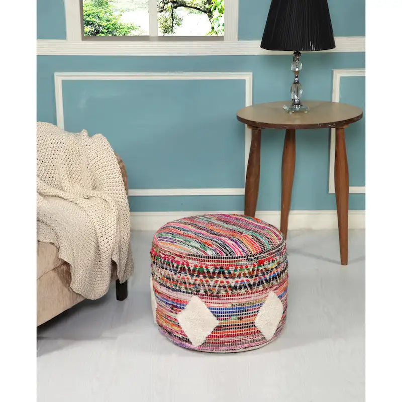 Pouf ottoman rond à motifs géométriques - multicolore arc-en-ciel