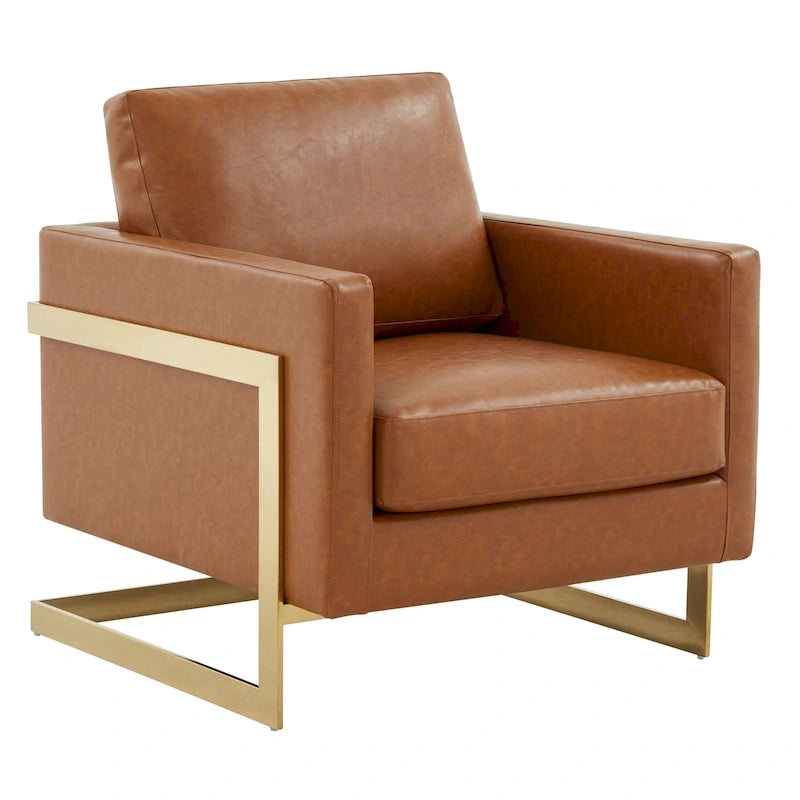 Fauteuil d'appoint géométrique en cuir avec base en acier inoxydable doré