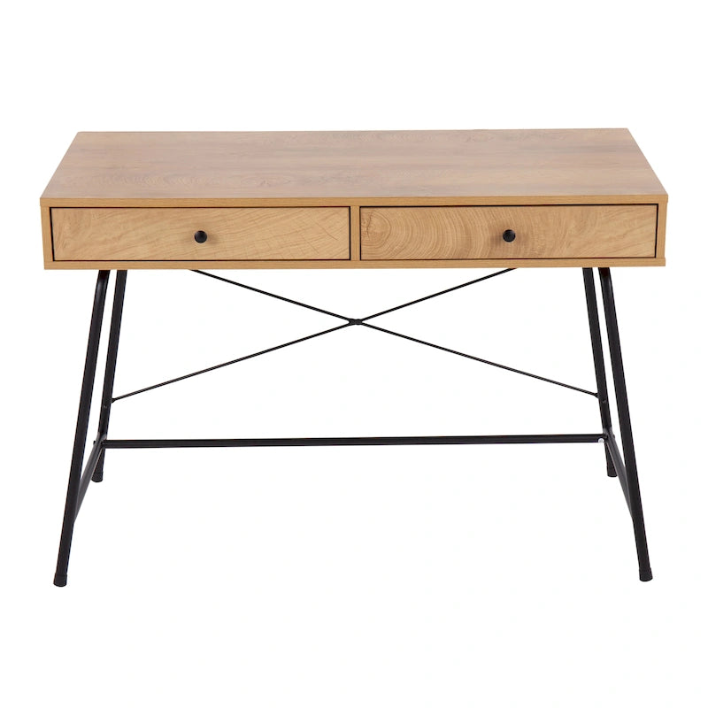 Bureau industriel avec plateau en bois, tiroir coulissant et structure en métal