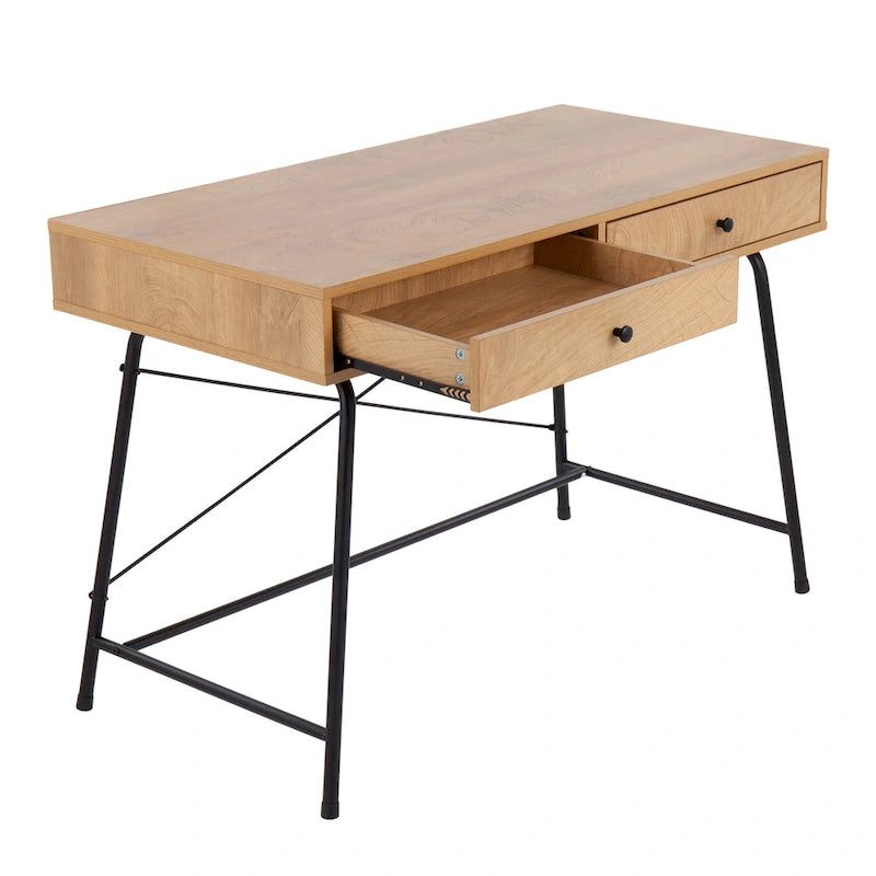 Escritorio industrial con tablero de madera, cajón extraíble y estructura de metal