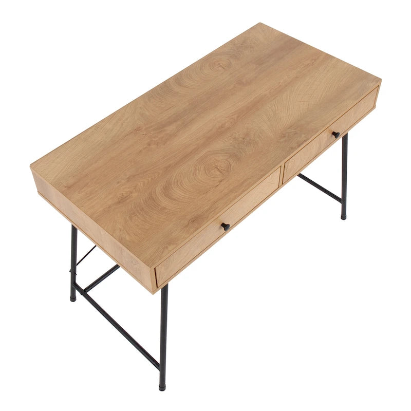 Escritorio industrial con tablero de madera, cajón extraíble y estructura de metal