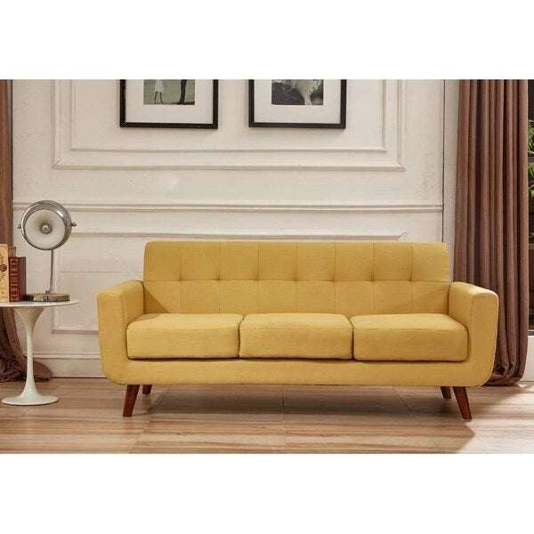 Canapé mid-century en lin capitonné avec pieds en bois et coussins à ressorts ensachés
