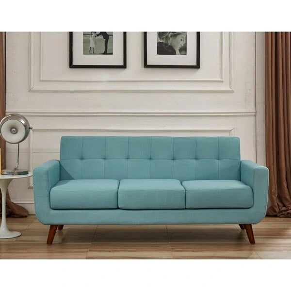 Canapé mid-century en lin capitonné avec pieds en bois et coussins à ressorts ensachés