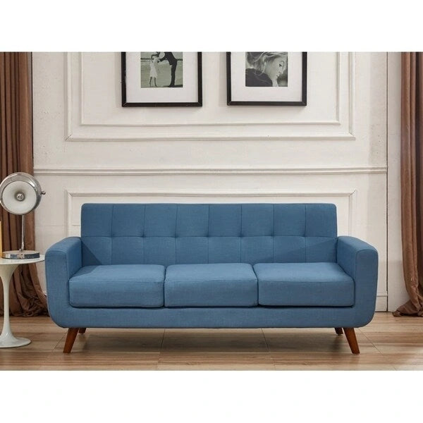 Mid-Century-Sofa aus Leinen mit Knopfheftung, Holzbeinen und gewickelten Federkernpolstern