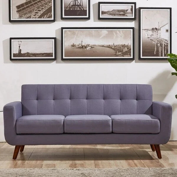 Mid-Century-Sofa aus Leinen mit Knopfheftung, Holzbeinen und gewickelten Federkernpolstern