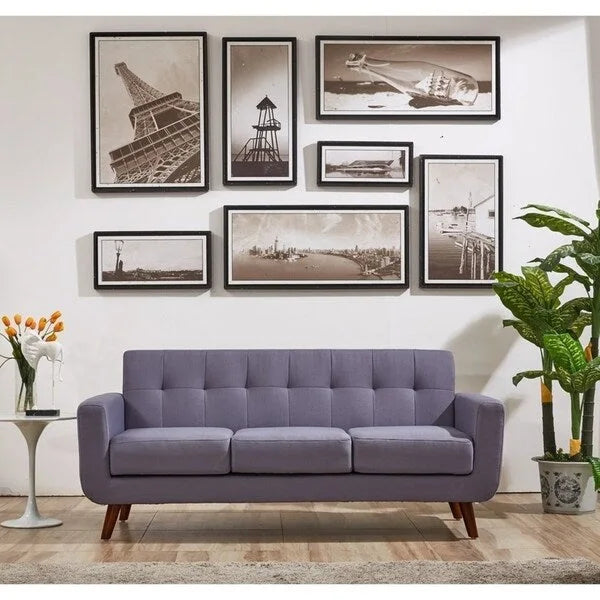 Mid-Century-Sofa aus Leinen mit Knopfheftung, Holzbeinen und gewickelten Federkernpolstern