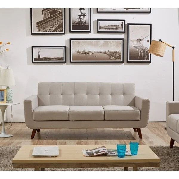 Mid-Century-Sofa aus Leinen mit Knopfheftung, Holzbeinen und gewickelten Federkernpolstern