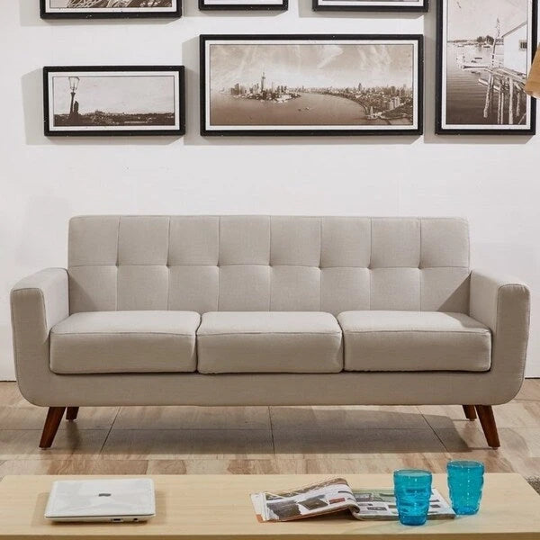 Mid-Century-Sofa aus Leinen mit Knopfheftung, Holzbeinen und gewickelten Federkernpolstern