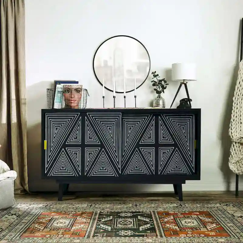 Credenza moderna mid-century in legno massello di mango con ante geometriche