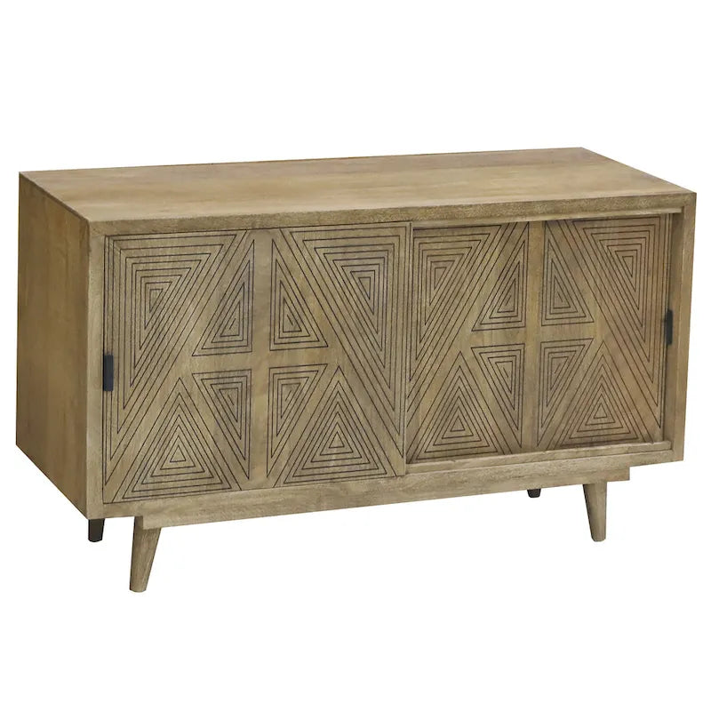 Mid-Century Modern Solid Mango Wood Sideboard with Geometric Doors