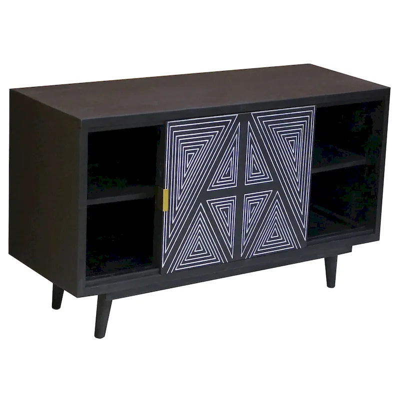 Mid-Century Modern Solid Mango Wood Sideboard with Geometric Doors