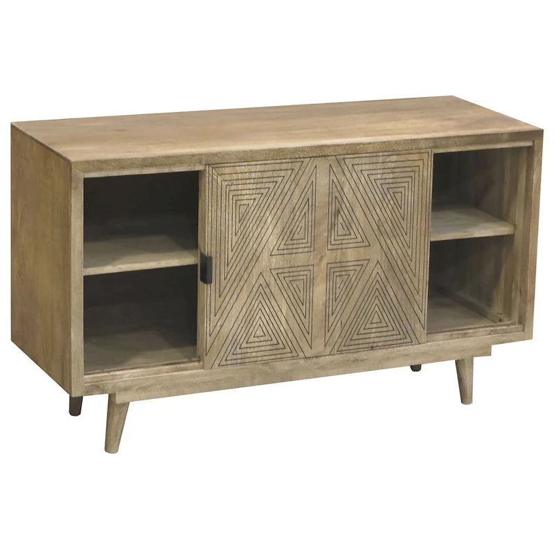 Mid-Century Modern Solid Mango Wood Sideboard with Geometric Doors