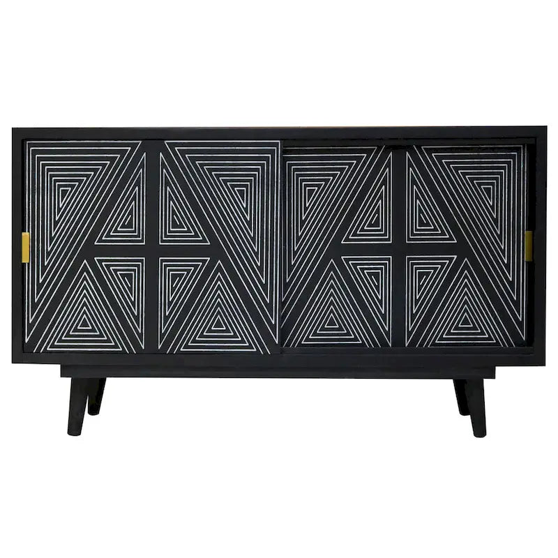 Mid-Century Modern Solid Mango Wood Sideboard with Geometric Doors
