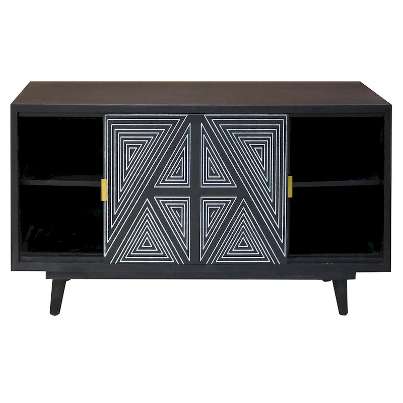 Mid-Century Modern Solid Mango Wood Sideboard with Geometric Doors