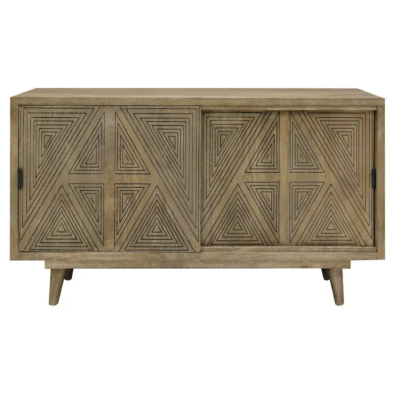 Mid-Century Modern Solid Mango Wood Sideboard with Geometric Doors