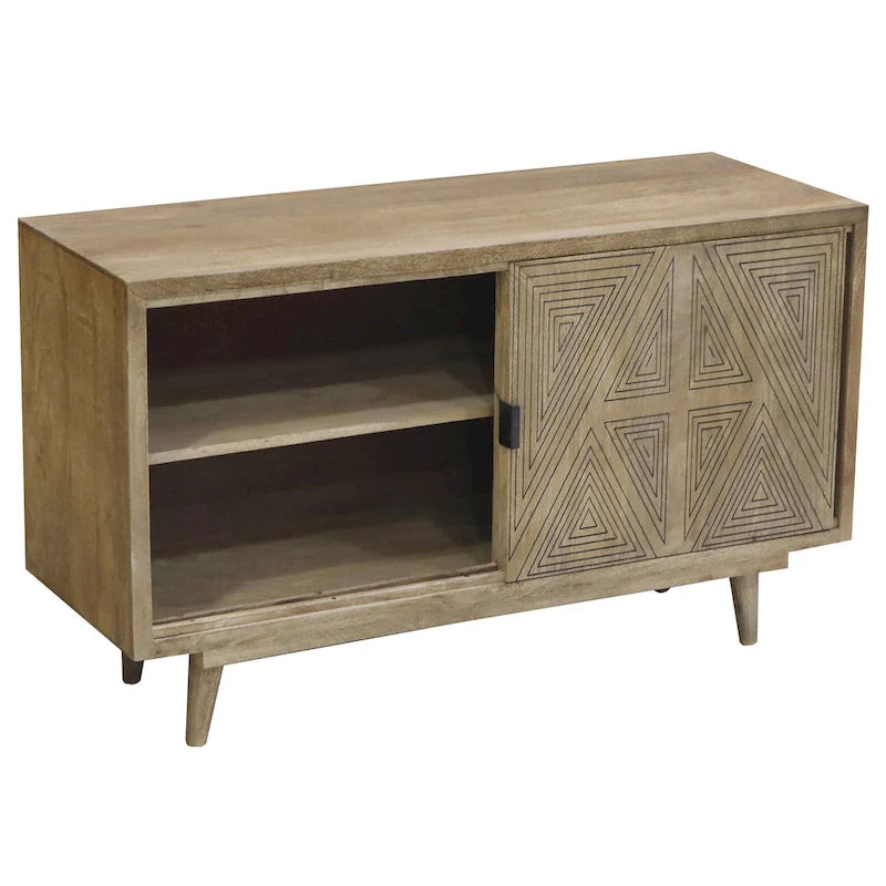 Mid-Century Modern Solid Mango Wood Sideboard with Geometric Doors