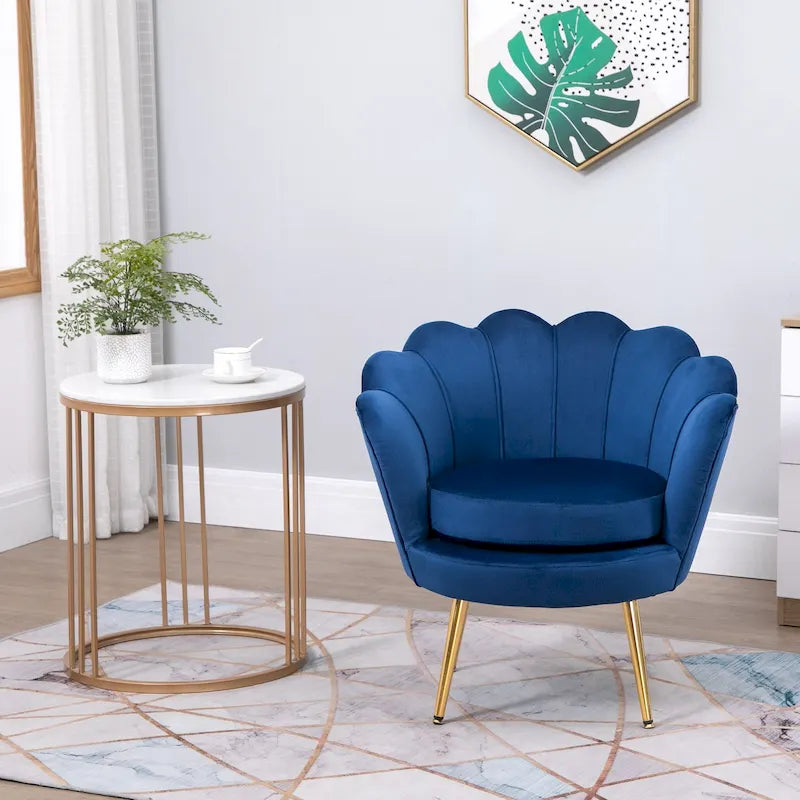 Fauteuil d'appoint en velours en forme de lotus avec pieds en métal doré