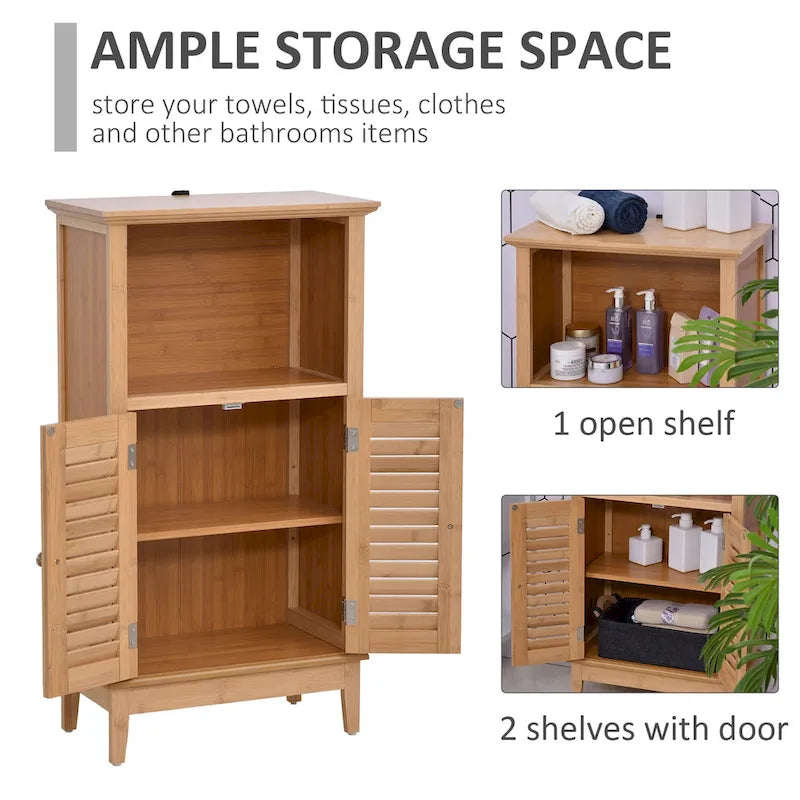 Bamboo Floor Storage Cabinet with Open Shelf & Doors