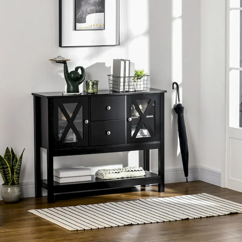 Credenza buffet da fattoria con ante in vetro e 2 cassetti
