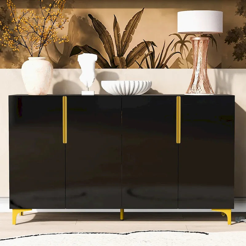 Modern Glossy 4-Door Storage Cabinet with Adjustable Shelves