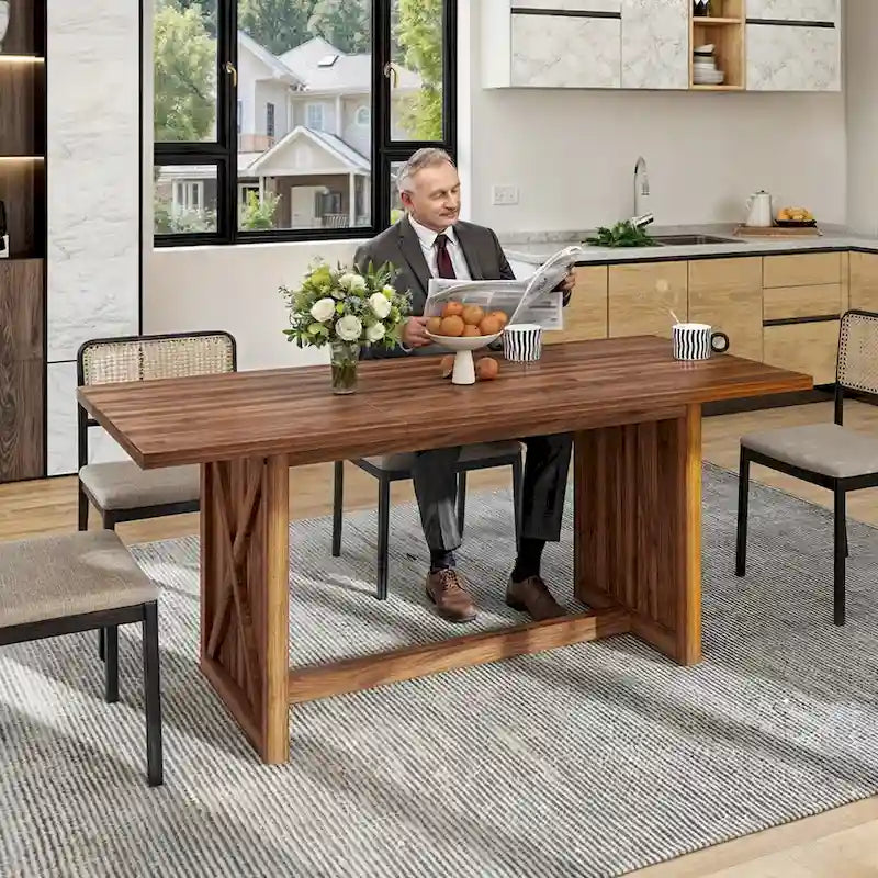 Table à manger de style ferme avec piètement latéral en X – Pour 6 à 8 personnes